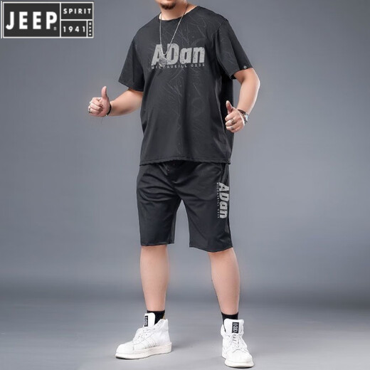 JEEP SPIRIT large-size ice silk sportswear suit for men in summer fat man plus fat plus larger quick-drying shorts shorts short sleeves T-shirt casual men's clothing black 826 set 2XL Recommended 140-160Jin [Jin equals 0.5 kg]