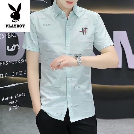 
Playboy (PLAYBOY) summer short-sleeved shirt men's Korean style slim-fit trendy handsome half-sleeved shirt top casual business men's shirt 826 blue M (recommended 90-100 Jin [Jin equals 0.5 kg])