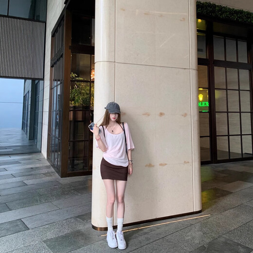 PMWRUN实拍 U领短袖T恤女挂脖抹胸宽松垂感阔腿针织长裤时尚两件套84173 蓝色背心9898 S