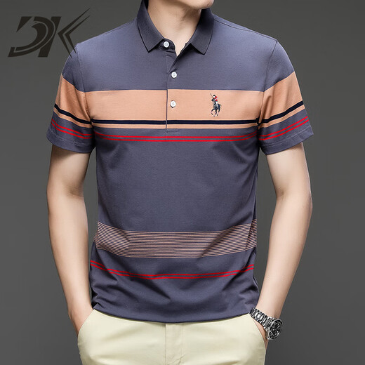 DK Brand Herren-Kurzärärmel-T-Shirt für die Sommer-Streifen von Männern Casual Einfache junge und mittlere vielseitige Polo-Hemd halbärmelte 3523 Blue M.