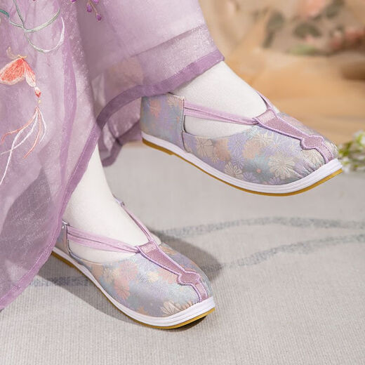 蓝野萌香大唐鞋服夏季复原款唐代如意鞋女复古暗纹百搭古风绣花布鞋平底汉 云薇如意鞋单-紫色跟高3cm 35