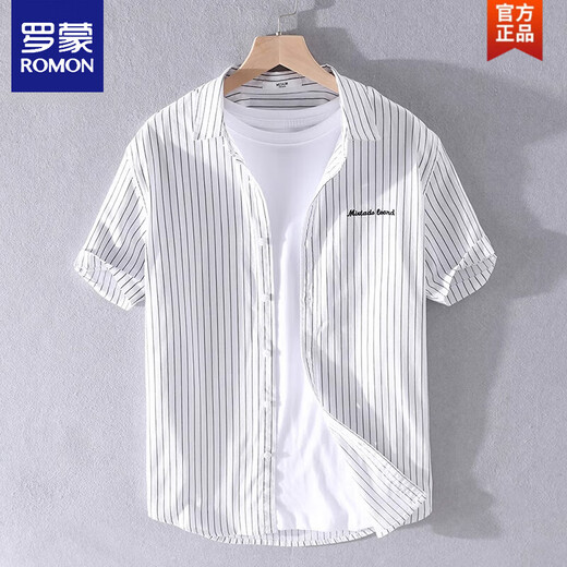 罗蒙（ROMON）男士条纹衬衫短袖宽松夏季薄款日系休闲百搭纯棉衬衣夏装衣服 9740黑色 M 100斤左右