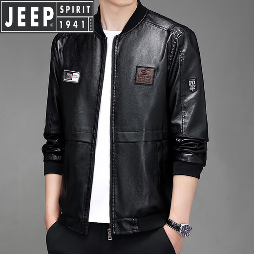 JEEP SPIRIT Jeep Leather Motorcycle Jacket Men's 2026 Spring and Autumn Baseball Collar Windproof Jacket Handsome Slim Clothes Black XL