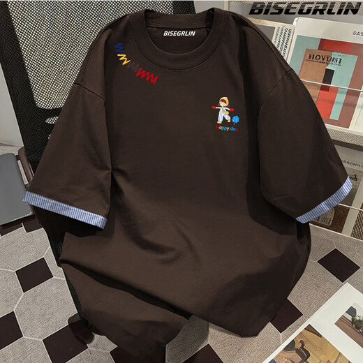 BISEGRLIN American retro cotton short-sleeved T-shirt for men and women summer casual couple loose top T-shirt trendy brown color-K761 L