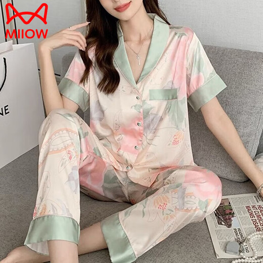 猫人（MiiOW）睡衣女2025春夏季新款感短袖长裤冰丝.绸名媛宽松家居服套装 感轻奢睡衣YFY-9905 M 【建议80-斤】