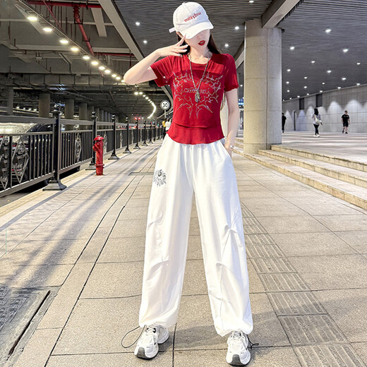 勤度爵士舞服装女套装成人夏季短袖休闲运动团演出服曳步舞跳舞广场舞 玫红色上衣8829+白裤子6627 M