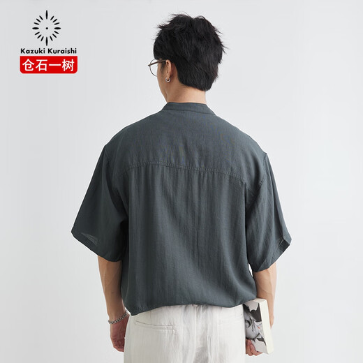 Kuraishi Kazuki old money style Henry collar short-sleeved shirt men's summer 2025 new Japanese light luxury loose casual shirt trendy brand blue gray XL 140-160Jin Jin equals 0.5 kg