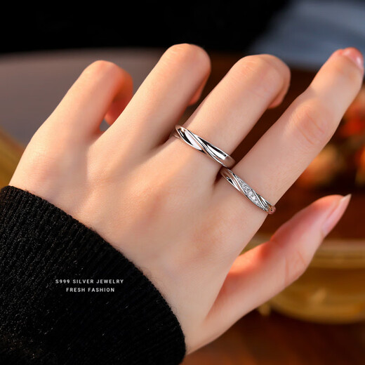 Meliades Love Together S999 Sterling Silver Ring Light Luxury Micro-Inlaid Zirconia Couple Ring Valentine's Day Ring Platinum Women's Ring/999 Opening Adjustable