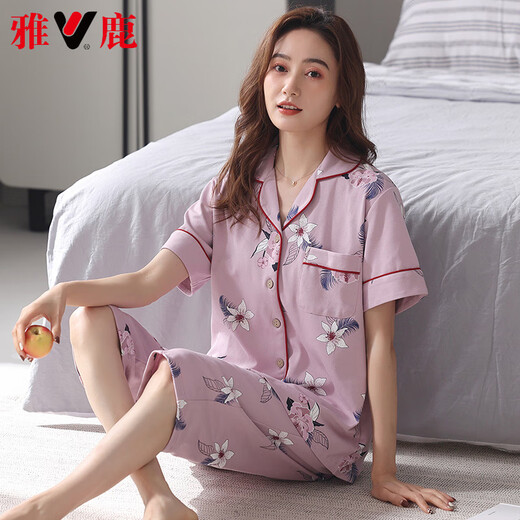 雅鹿高档2025新款睡衣女夏季纯棉短袖七分裤夏天宽松大码开衫家居服 NX9898 2XL