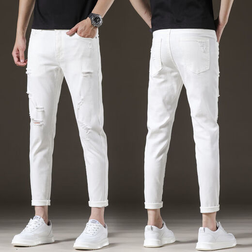 Heyu zerrissen neun Punkte Hosen Männer Kurzweite weiße Jeans Männer trendige elastische schlanke Füße 9 Punkte 2025 Schwarz und Grau 1048 Neun-Punkte-Hosen Qn [hohe Elastizität 27 Größe = Taillenumfang 2 Fuß