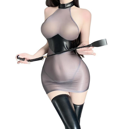 双马尾性感漆皮拼接透视包臀旗袍秘书制服套装9737 灰色包臀裙+T裤 均码