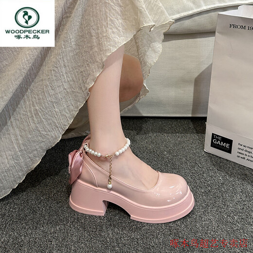 啄木鸟浅口仙女风玛丽珍鞋女2025春夏新款蝴蝶结粗高跟厚底配裙子小皮鞋 黑色 后跟无蝴蝶结款 35 舒适厚底6.5CM