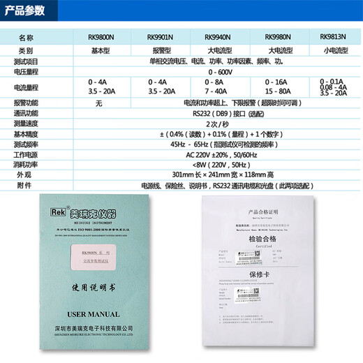 美瑞克RK9800智能电量电参数测试仪数字功率计电压电流测试功率表 RK9901N（20A报警型）