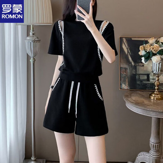 Romon (Romon) modische Sport-Kurzärärmel-Tops für Frauen außerhalb der Schulter für Frauen im Sommer Casual Zweiköpfige modische Fleischabdeckungs Shorts Black [Set] M Empfohlen 80-100 Jin [Jin entspricht 0,5 kg]