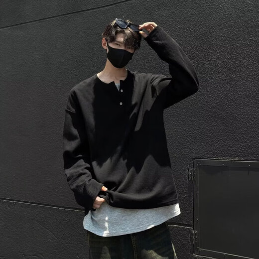 Fake two-piece Henry collar long-sleeved T-shirt men's 2025 autumn new inner layering shirt trendy brand top clothes YXSJ gray 2XL