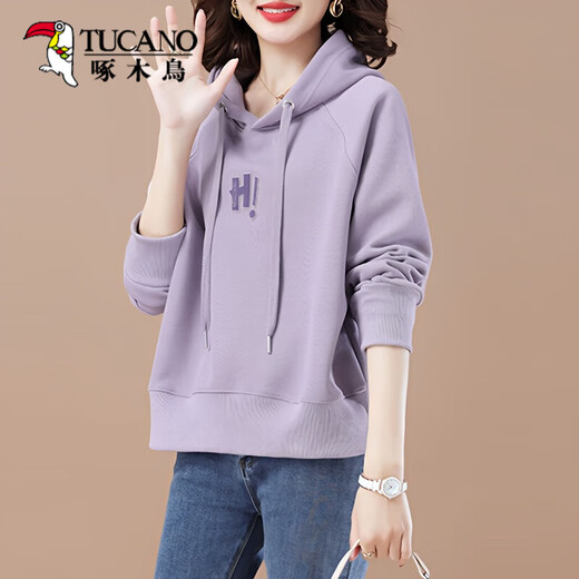 Sweat à capuche à capuche à woodperser pour les femmes 2025 printemps et automne Nouveau décontracté et à la mode brodés à la mode polyvalente petite couche mince violet m _sugest à moins de 100 Jin [Jin est égal à 0,5 kg]