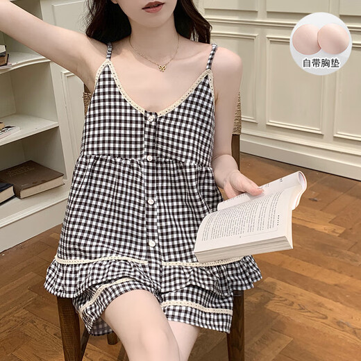 带胸垫睡衣女夏季新款格子花边吊带短裤韩系可爱云朵棉家居服套装 9904杏色 XL