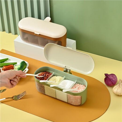 Enshousu seasoning box combination set seasoning bottle jar home kitchen sugar, MSG, salt shaker storage box one-piece 4-grid with spoon, fruit oil green, four-grid in one, inner + spoon