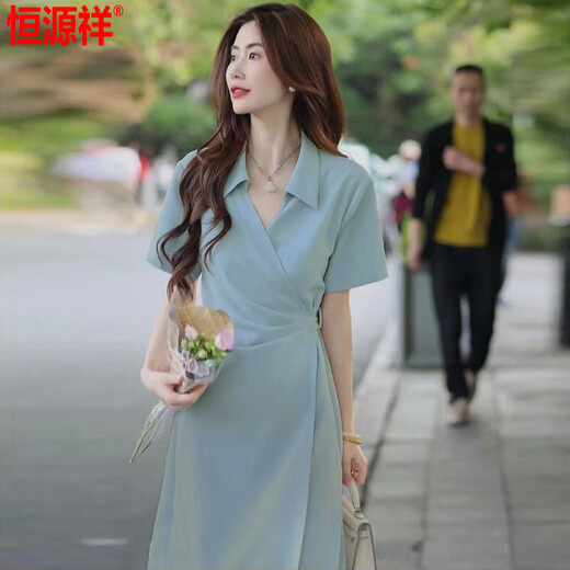 Hengyuanxiang Women's Dress 2025 Summer Fashionable Waist Slimming Korean Style Slimming White Retro Commuting Belly Cover Blue L 110-120Jin Jin is equal to 0.5 kg