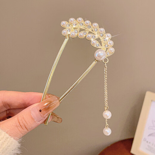 Painted hairpin hairpin new retro design pearl hair ornament hairpin new Chinese style hairpin on the back of the head 7# gold rhinestone U-shaped
