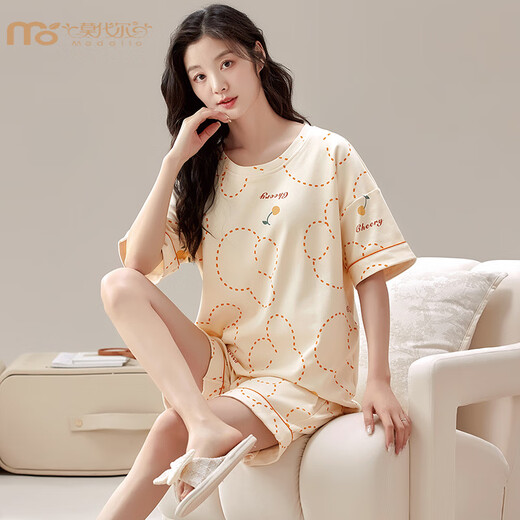 
Modal summer short-sleeved pajamas set for women with breast pads integrated home clothing large size anti-convex dots can be worn outside in summer thin style GXT1047 M