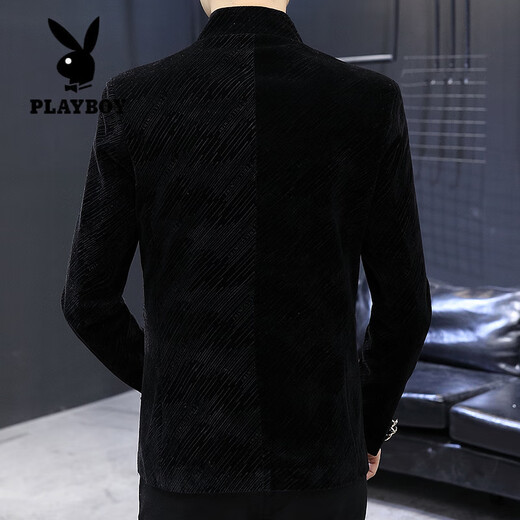 Playboy (PLAYBOY) Stand Collar Casual Suit Men's Korean Style Trendy Tunic Men's Youth Small Suit Spring and Autumn Top Men's Jacket 1898 Black Velvet XL 175