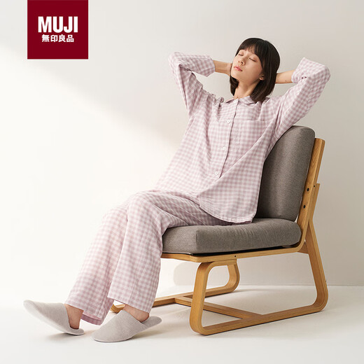 MUJI self-operated limited edition women's no side seams double-layer gauze pajamas soft cotton underwear light pink plaid L