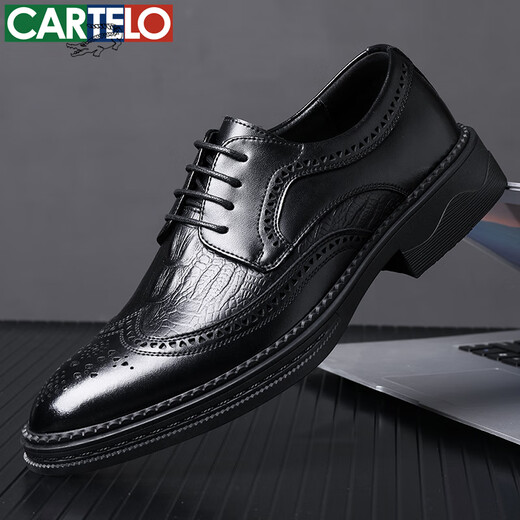 CARTELO leather shoes men's cowhide business casual formal wear wedding British Brock carved men's shoes 6533 black 40