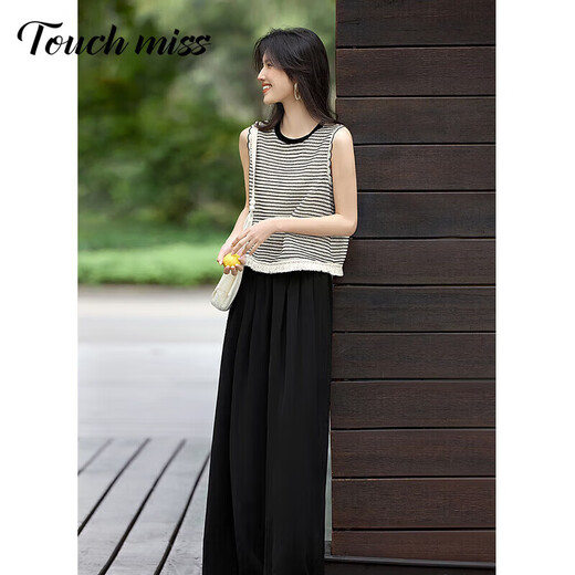Tachimis Touch Miss Lazy Style-Anzug für Frauen 2025 Sommer neuer Stil Streifen Hohlkante Schlampe Weste Hosen Zwei-teilige weiße und schwarze L 115jin [Jin gleich 0,5 kg] -125jin [Jin gleich 0,5 kg]