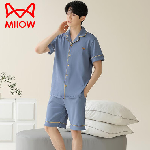 Catman (MiiOW) pajamas men's summer pure cotton short sleeve shorts cardigan thin large size solid color casual home clothing set royal blue 12805 [100 pure cotton] L [recommended 100-120 Jin [Jin equals 0.5 kg] wear]