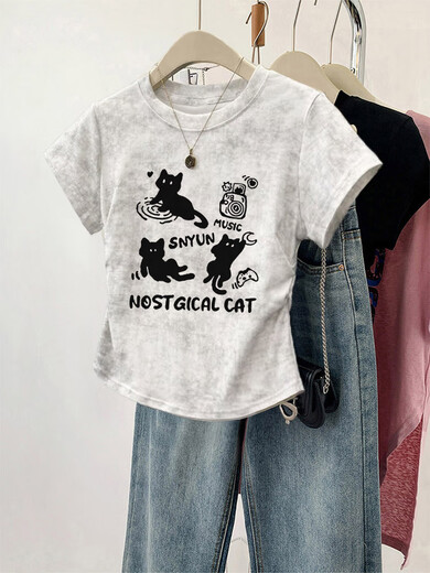 帛雷斯诺扎染t恤女短袖修身大码遮肚显瘦正肩夏季2025新款胖mm短款上衣 扎染白色-粉红字母R281-1355# M适合80-95斤 均码