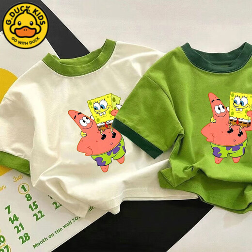 G.DUCKKIDS男童女童纯棉短袖T恤夏季新款卡通海绵宝宝半袖儿童洋气上衣t 673绿色【派大星抱 海绵宝宝】 130