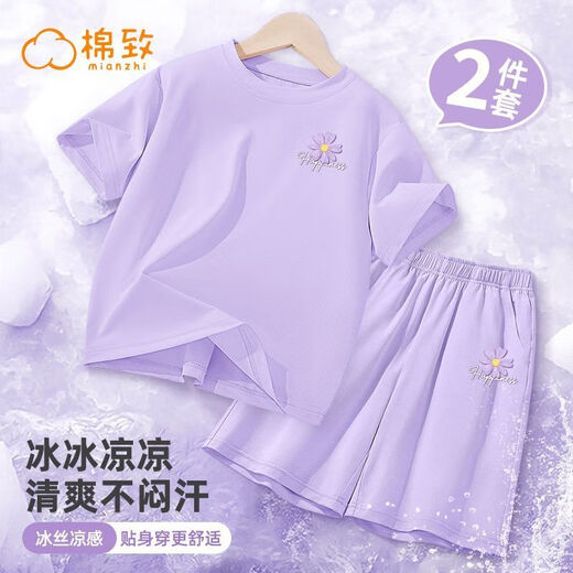 He Jiagong's new style girls' summer short-sleeved T-shirt suit summer ice silk cool top medium-sized children's quick-dry shorts DGR15829X purple + NIA15829K black 90 cm Recommended 20-25 Jin [Jin equals 0.5 kg]