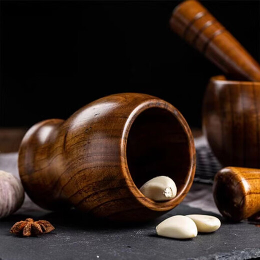 Full-bow garlic pounder, wooden jujube wood garlic pounder, stone mortar, old-fashioned garlic mortar, household grinder, garlic paste, garlic pounder, bowl-shaped flat-bottom jar + garlic pounding stick, defective model