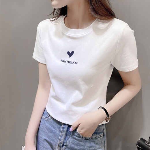Kuzhang (Kuzhang) 2025 Sommer weißer kurzes Schulter Kurzarm T-Shirt für Frauen Neue kleine Menschen hohe Taille schlanker Baumwoll-Ins Top DG-756 Weiß M Empfohlen 80105jin [Jin entspricht 0,5 kg]