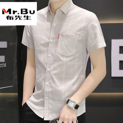 Mr. Bu 2025 Nouvelle chemise Summer Summer Men's Claid Plaid Shirt Casual Korean Style Slim Vêtements 844 Kaki M 80-104Jin [Jin est égal à 0,5 kg]