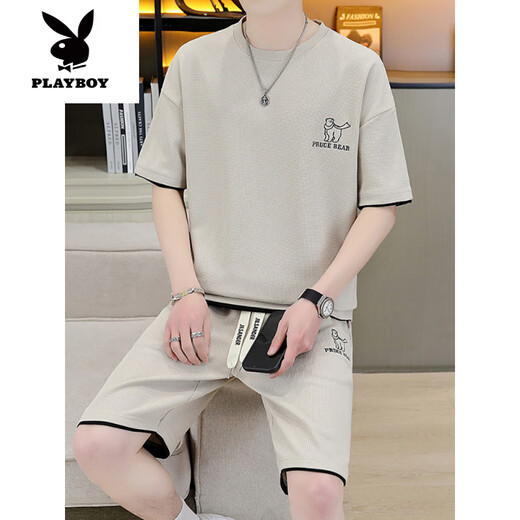 Playboy (PLAYBOY) high-end casual sports suit for men's summer shorts with breathable T-shirt for men's summer teenagers [Set] 6182 apricot color 3XL (recommended 175-195Jin [Jin equals 0.5 kg])