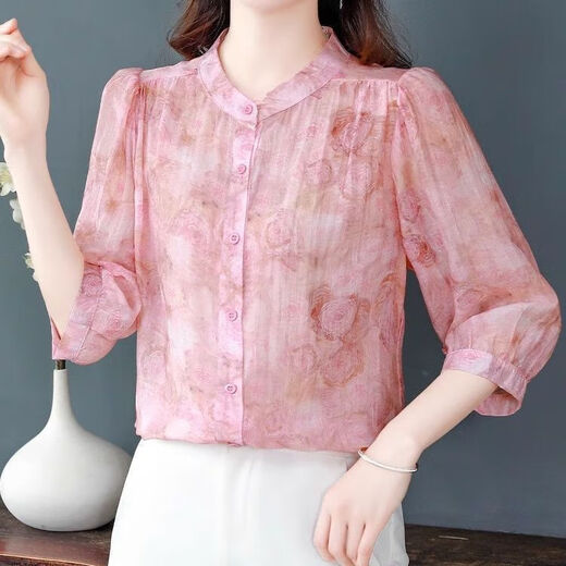 
New summer loose belly-covering temperament chiffon shirt for women with three-quarter sleeves shirt floral stand-up collar top for women Pink M [Suggested 90-100 Jin [Jin equals 0.5 kg]]