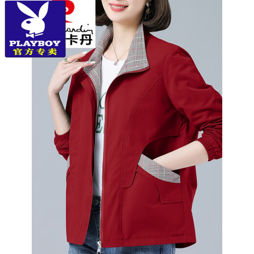 花花公子（PLAYBOY）时尚拼接宽松短外套女2025春秋新款中年妈大号减龄休闲翻克 豆绿色 L 110斤以下