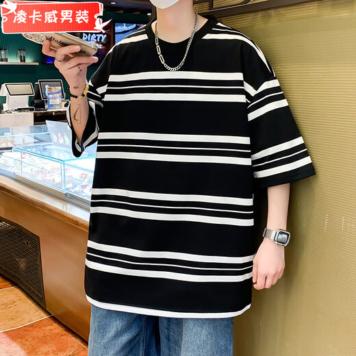 凌卡戚夏季短袖男潮流百搭条纹棉T恤青年学生帅气圆领半袖体恤港风上衣 TJB9227橙黄色 M 90-120斤