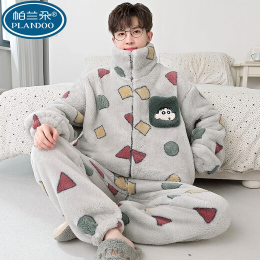 Palando Crayon Shin-Shikong Koralle Velvet Herren-Pyjamas für Herbst- und Winterstudenten, große Größe plus Samt verdickte Hauskleidung für junge Menschen XQ-9928 kleiner Größe M (geeignet für Größe ca. 155 cm, Gewicht 8