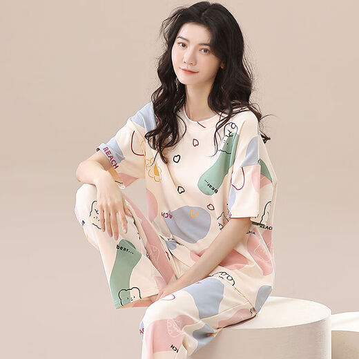 Langsha 100% pyjamas en coton pur pour les femmes au printemps et en été pantalon à manches courtes Femmes lâches décontractées Vêtements de maison de style coréen pour le costume d'automne T-9711 (pantalon à manches court)