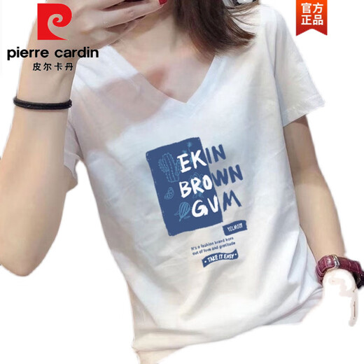 皮尔卡丹（pierre cardin）白色v领短袖t恤女2022新款夏季半袖韩版宽松大版女装上衣女士百搭 白色花旦9901(V领) M 建议80-100斤