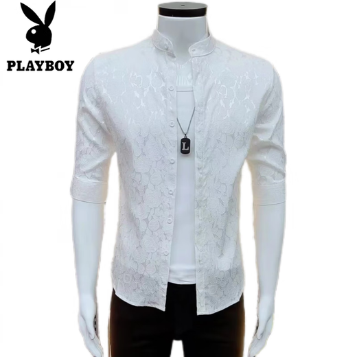 Playboy (PLAYBOY) trendy and versatile new jacquard fashion mid-sleeved shirt men's Korean casual simple shirt summer handsome slim 687 fashion black shirt XL suitable for 116-125 Jin [Jin equals 0.5 kg]
