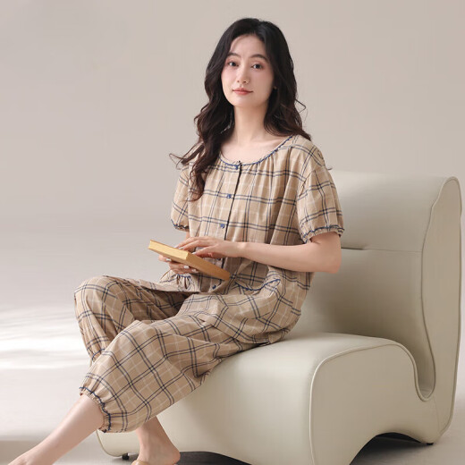 夸感睡衣女款夏季梭织纯棉短袖七分裤中年妈妈薄款纱布全棉夏款家居服 1349 杏色 M 【155-160CM/80-100斤】