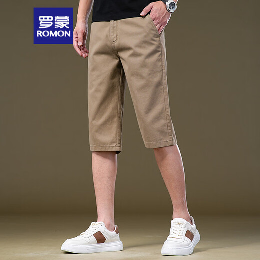ROMON Summer 7-point casual shorts for men loose straight 2025 Khaki light business breathable pure cotton 7-point pants 738-Khaki color One size 38180-205Jin[Jin equals 0.5 kg]
