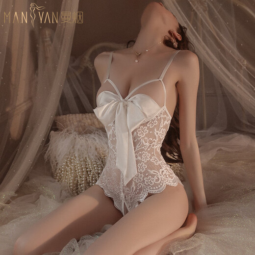 Manyan sexy lingerie sexy suspender lace chest bow hollow single-piece crotch body set 9276 white single size