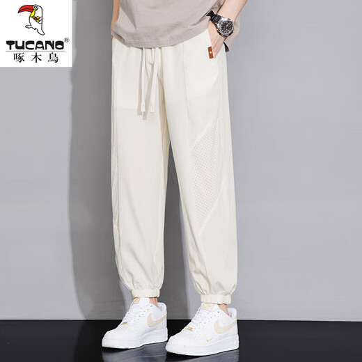 Woodpecker (TUCANO) Ice Silk Pants Men's Summer Thin Trendy Loose Leg Casual Pants Men's Youth Breathable Quick-Drying Sports Pants 1B27-BJZ983 Apricot XL Approximately 130-150 Jin Jin equals 0.5 kg Can be worn