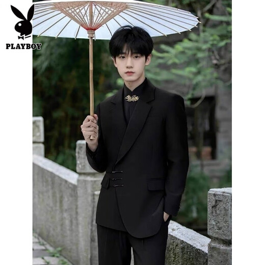Playboy (PLAYBOY) Chinese tunic suit new Chinese style engagement wedding groom suit suit men's suit stand collar plate button black three-piece suit jacket + 152 black shirt + 2XL