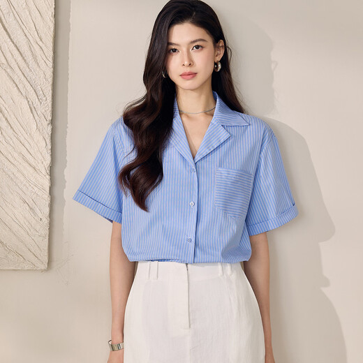 ROEYSHOUSE罗衣休闲宽松条纹衬衫女2025夏季新款气质翻领衬衣短袖上衣12354 条纹 M